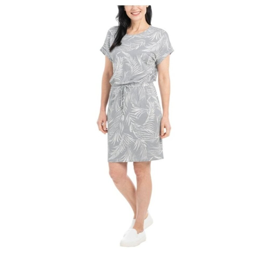 Hilary Radley Womens Tropical Grey & White Palm Print Dress Size M Casual Cute